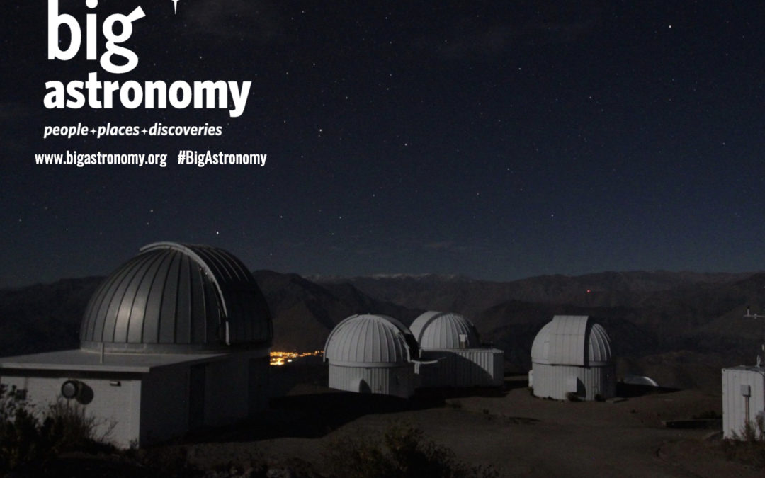 Imagen de telescopios de noche con las palabras "Gran astronomía"