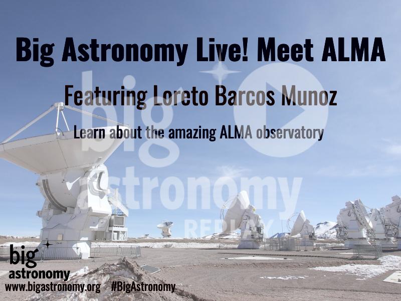 Promotional image featuring radio telescope, Meet ALMA words