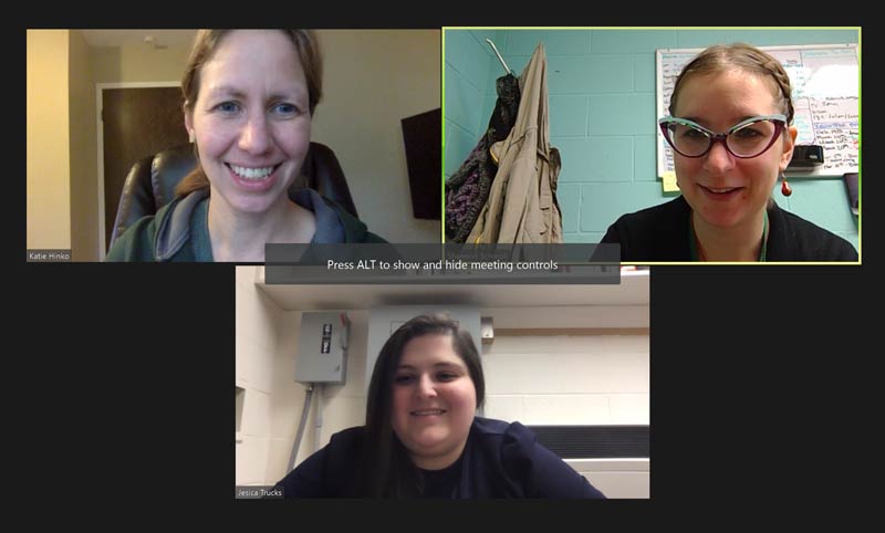 reunión-zoom-del-equipo-de-investigación Ampliar la imagen de la reunión con 3 personas: Dr. Katie Hinko, Dr. Shannon Schmoll, Dr. Jesica Trucks
