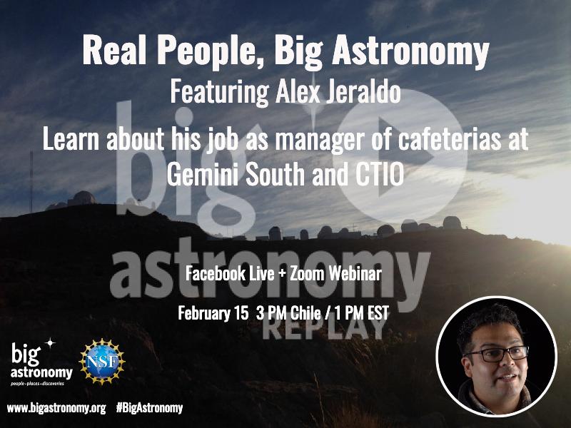 Picture of telescopes on a mountain, picture of a man, and words