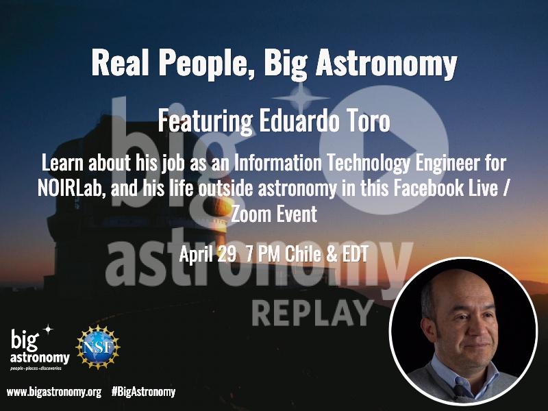 Imagen del telescopio con el hombre en la esquina y las palabras "Gente real, gran astronomía"