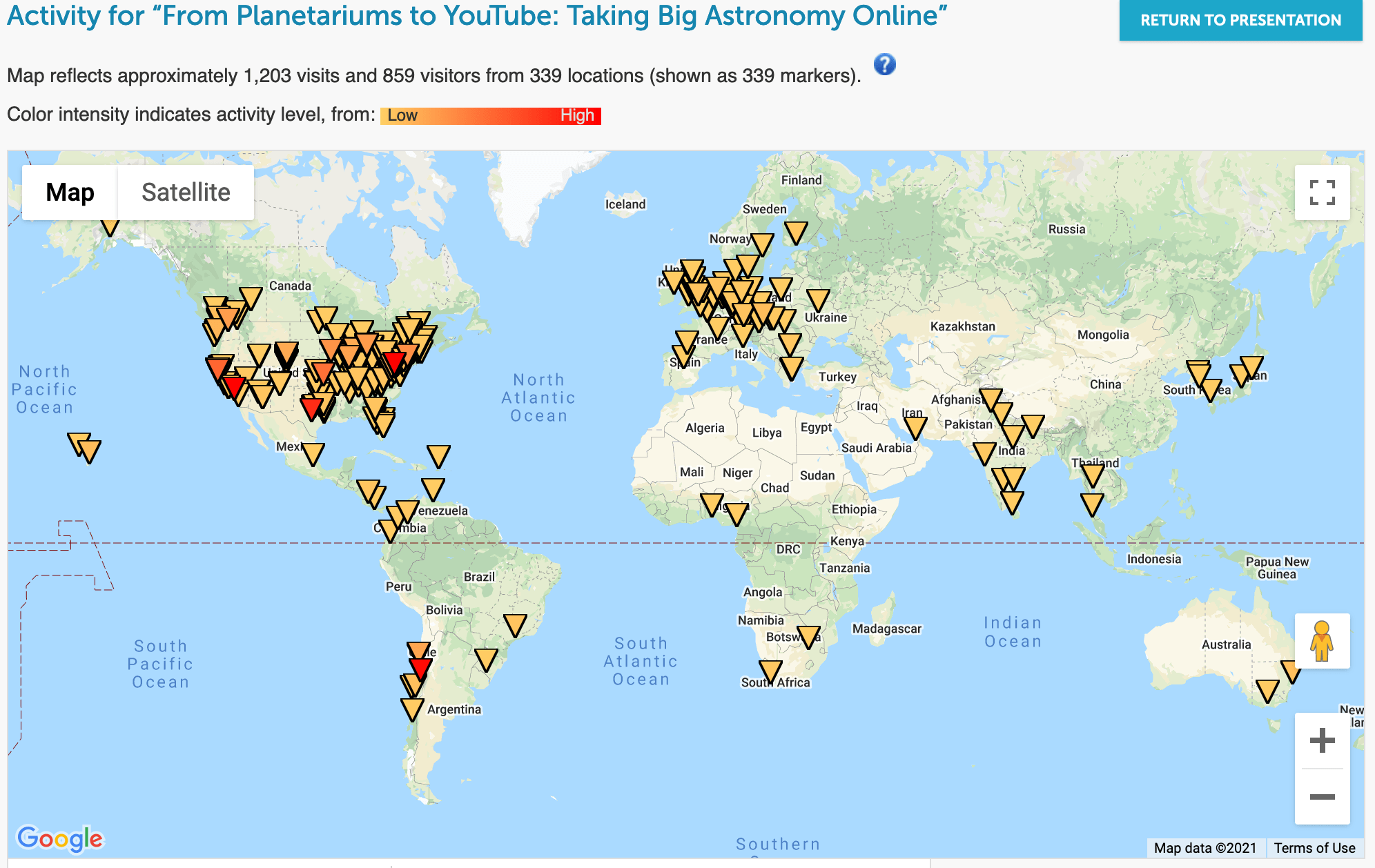 Mapa que muestra el mundo y los puntos de todo el mundo donde las personas han revisado nuestro proyecto.