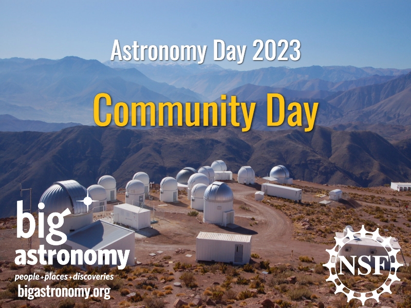 Promototional image of mountains, telescopes, and words